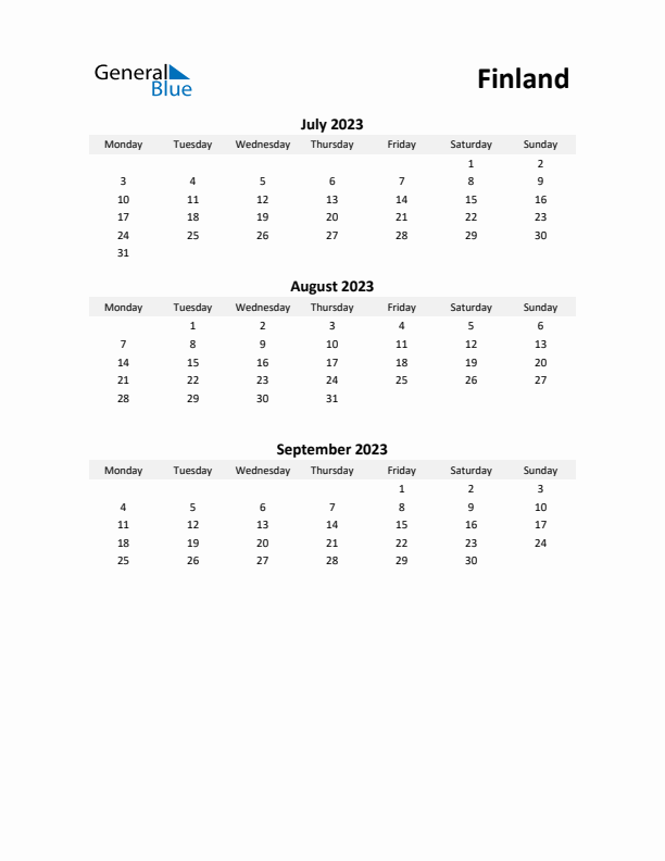 Printable Quarterly Calendar with Notes and Finland Holidays- Q3 of 2023