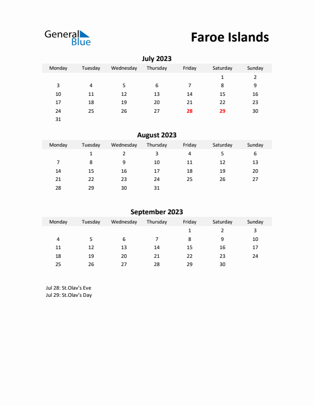 Printable Quarterly Calendar with Notes and Faroe Islands Holidays- Q3 of 2023