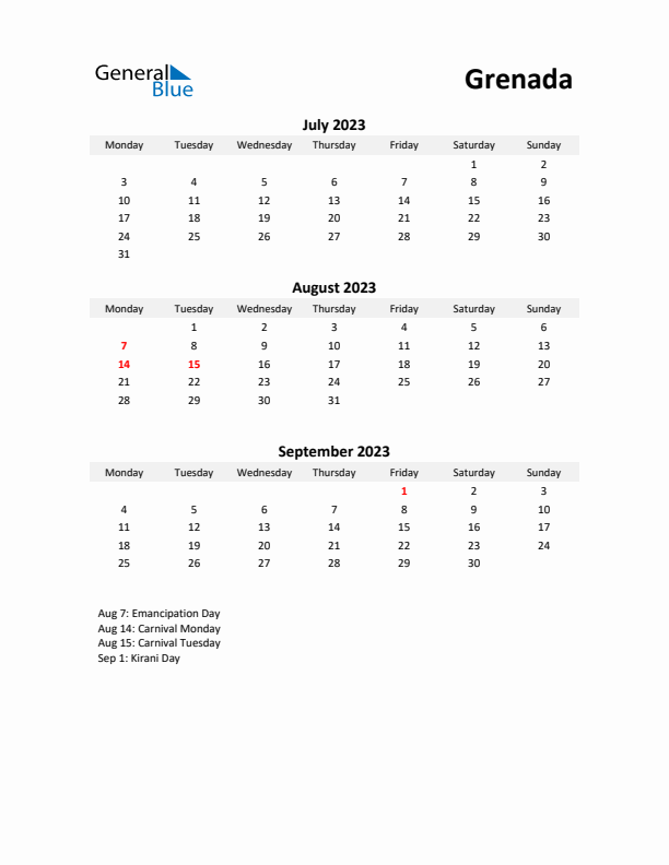 Printable Quarterly Calendar with Notes and Grenada Holidays- Q3 of 2023