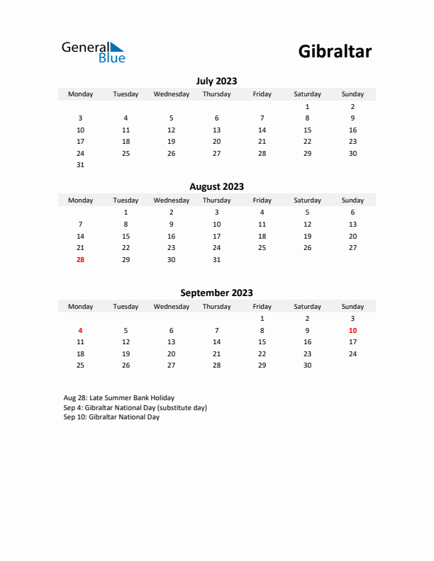 Printable Quarterly Calendar with Notes and Gibraltar Holidays- Q3 of 2023