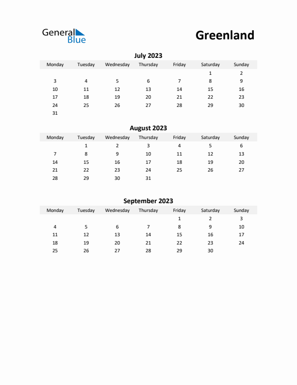 Printable Quarterly Calendar with Notes and Greenland Holidays- Q3 of 2023