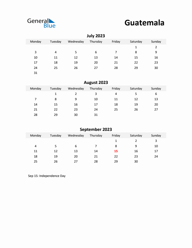 Printable Quarterly Calendar with Notes and Guatemala Holidays- Q3 of 2023