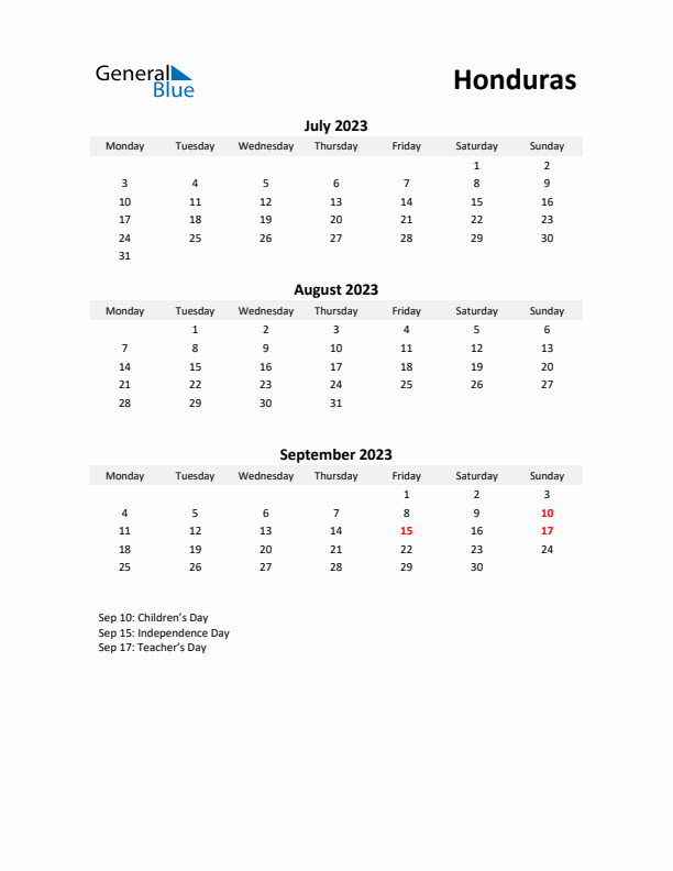 Printable Quarterly Calendar with Notes and Honduras Holidays- Q3 of 2023