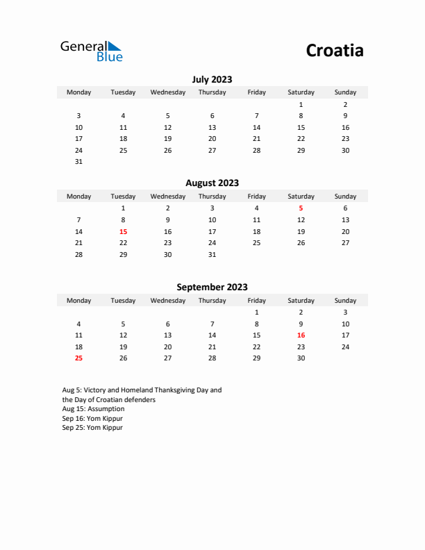 Printable Quarterly Calendar with Notes and Croatia Holidays- Q3 of 2023