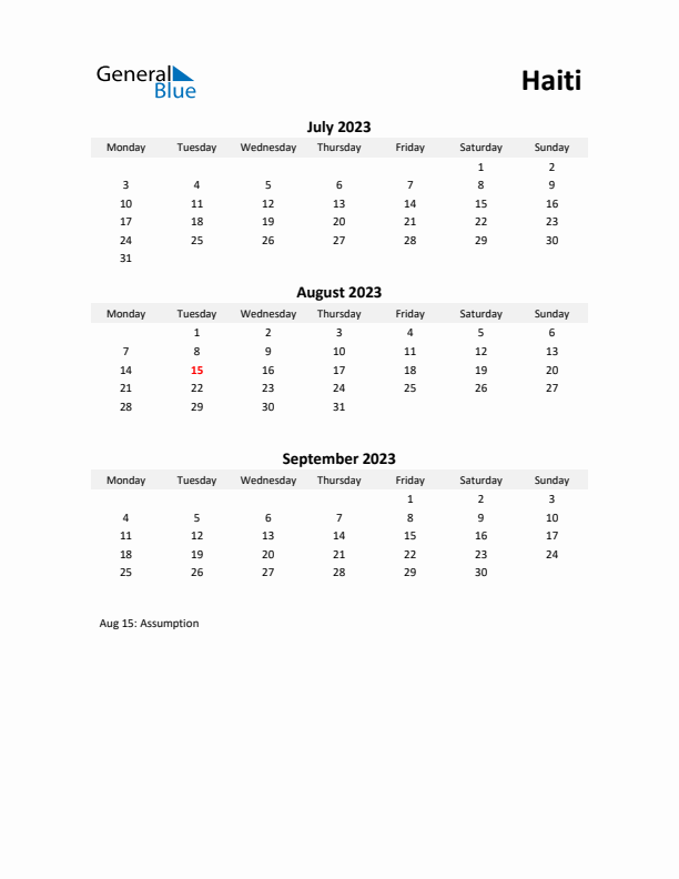 Printable Quarterly Calendar with Notes and Haiti Holidays- Q3 of 2023