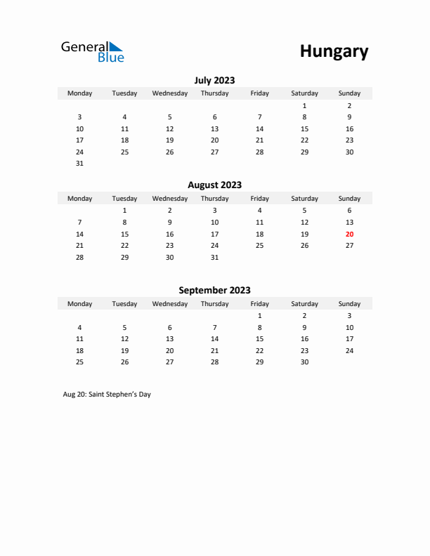 Printable Quarterly Calendar with Notes and Hungary Holidays- Q3 of 2023