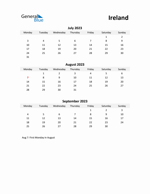 Printable Quarterly Calendar with Notes and Ireland Holidays- Q3 of 2023