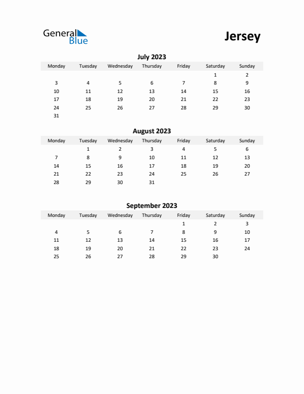 Printable Quarterly Calendar with Notes and Jersey Holidays- Q3 of 2023