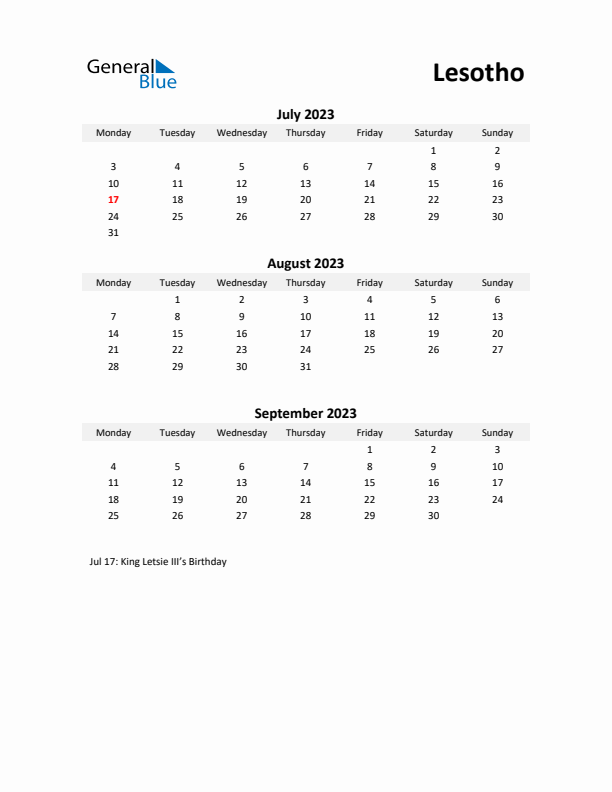 Printable Quarterly Calendar with Notes and Lesotho Holidays- Q3 of 2023