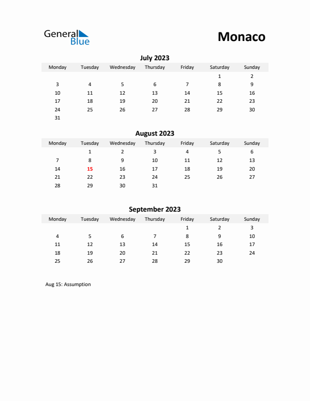 Printable Quarterly Calendar with Notes and Monaco Holidays- Q3 of 2023