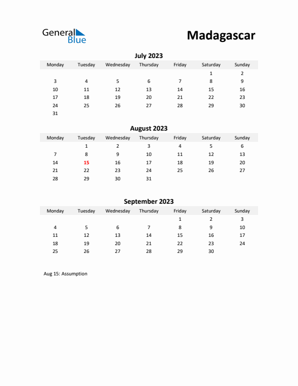 Printable Quarterly Calendar with Notes and Madagascar Holidays- Q3 of 2023