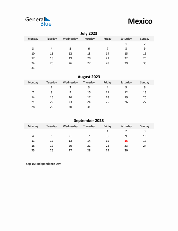 Printable Quarterly Calendar with Notes and Mexico Holidays- Q3 of 2023