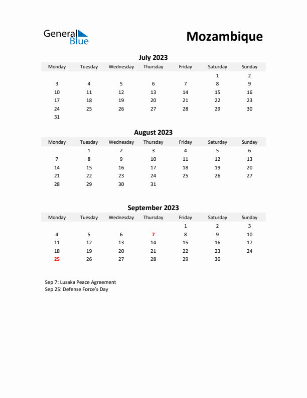 Printable Quarterly Calendar with Notes and Mozambique Holidays- Q3 of 2023