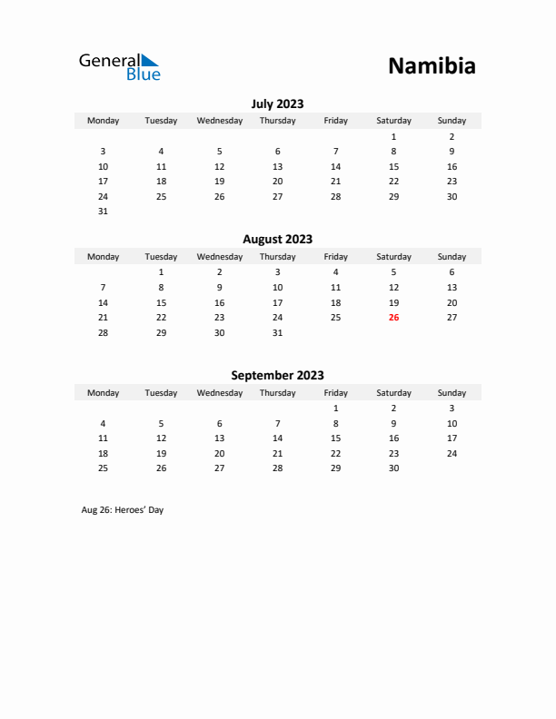 Printable Quarterly Calendar with Notes and Namibia Holidays- Q3 of 2023