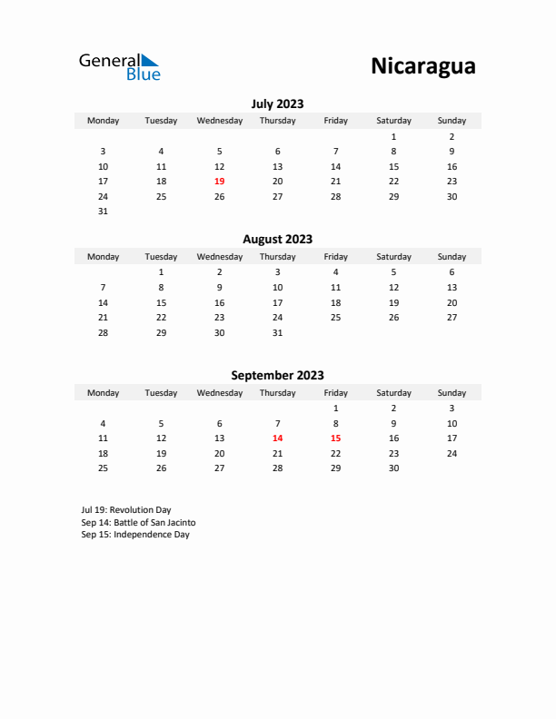 Printable Quarterly Calendar with Notes and Nicaragua Holidays- Q3 of 2023