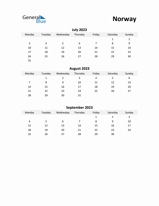 Printable Quarterly Calendar with Notes and Norway Holidays- Q3 of 2023