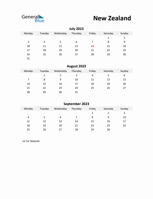 Printable Quarterly Calendar with Notes and New Zealand Holidays- Q3 of 2023