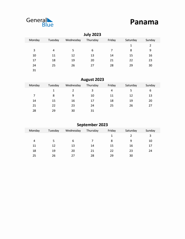 Printable Quarterly Calendar with Notes and Panama Holidays- Q3 of 2023