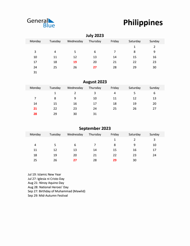 Printable Quarterly Calendar with Notes and Philippines Holidays- Q3 of 2023