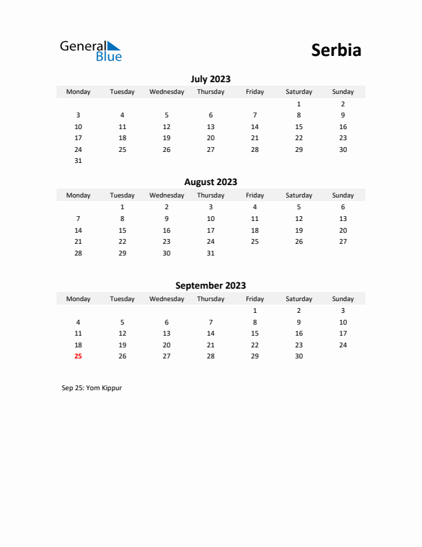 Printable Quarterly Calendar with Notes and Serbia Holidays- Q3 of 2023