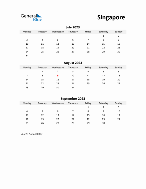 Printable Quarterly Calendar with Notes and Singapore Holidays- Q3 of 2023