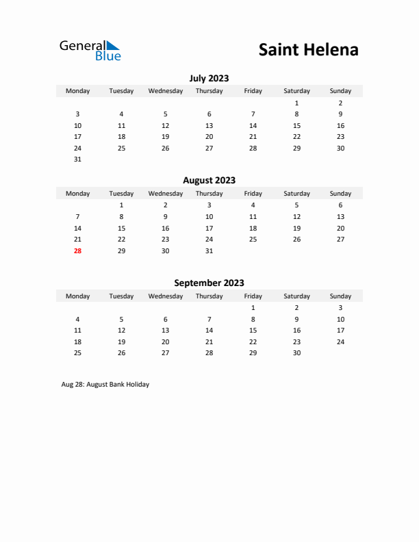 Printable Quarterly Calendar with Notes and Saint Helena Holidays- Q3 of 2023