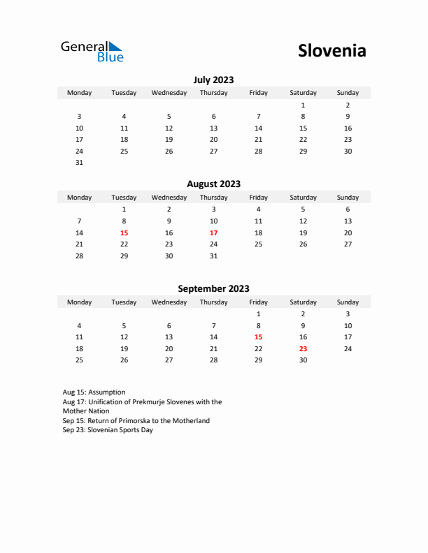 Printable Quarterly Calendar with Notes and Slovenia Holidays- Q3 of 2023