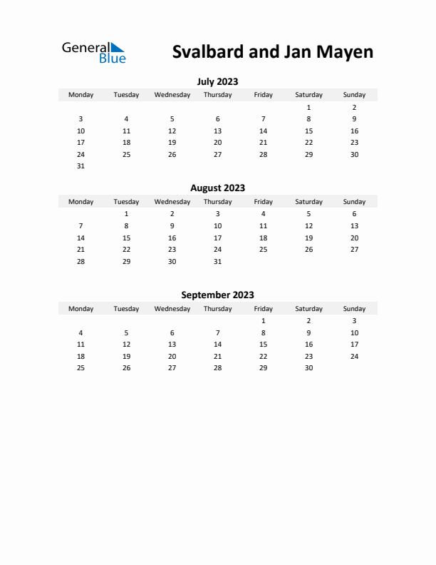 Printable Quarterly Calendar with Notes and Svalbard and Jan Mayen Holidays- Q3 of 2023