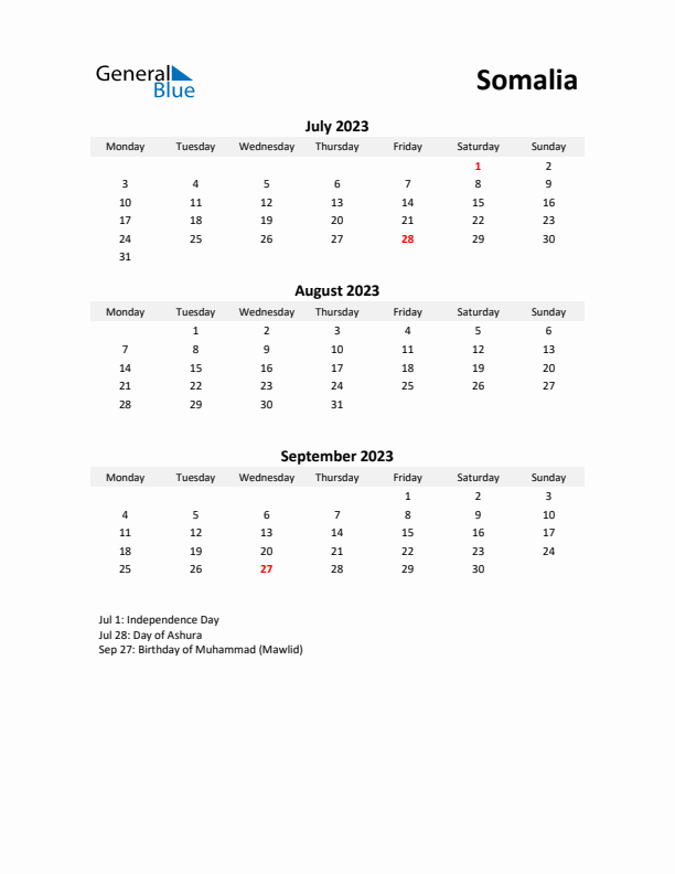 Printable Quarterly Calendar with Notes and Somalia Holidays- Q3 of 2023