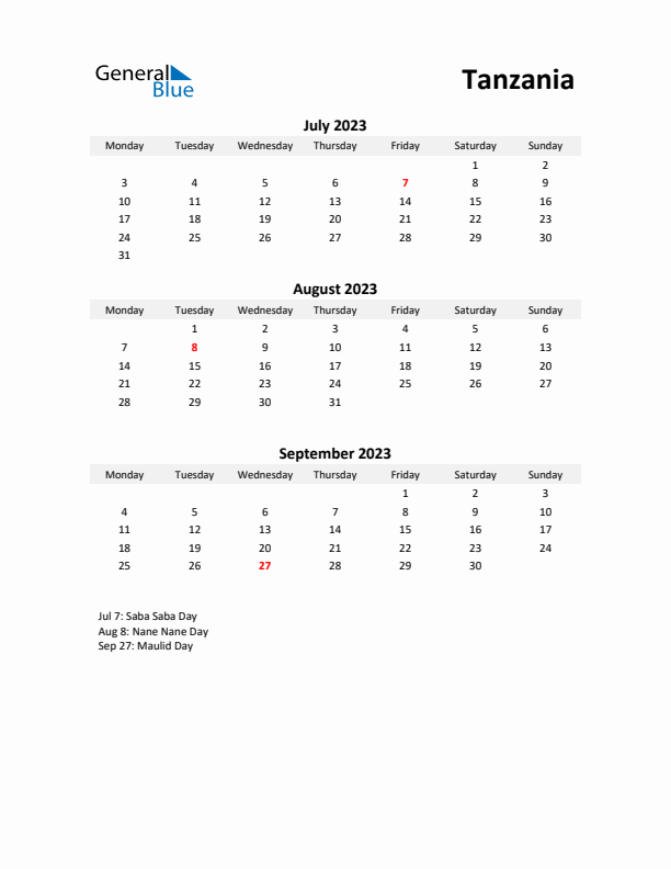 Printable Quarterly Calendar with Notes and Tanzania Holidays- Q3 of 2023