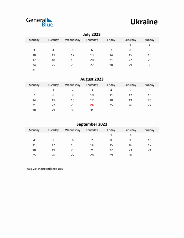 Printable Quarterly Calendar with Notes and Ukraine Holidays- Q3 of 2023