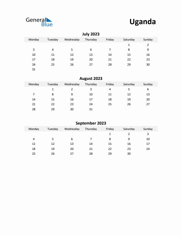 Printable Quarterly Calendar with Notes and Uganda Holidays- Q3 of 2023