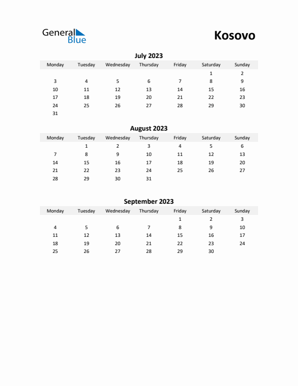 Printable Quarterly Calendar with Notes and Kosovo Holidays- Q3 of 2023