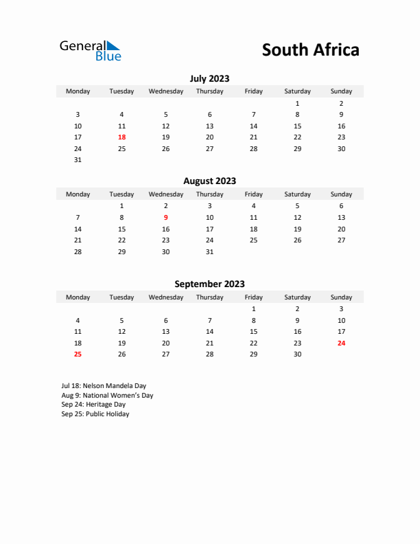 Printable Quarterly Calendar with Notes and South Africa Holidays- Q3 of 2023