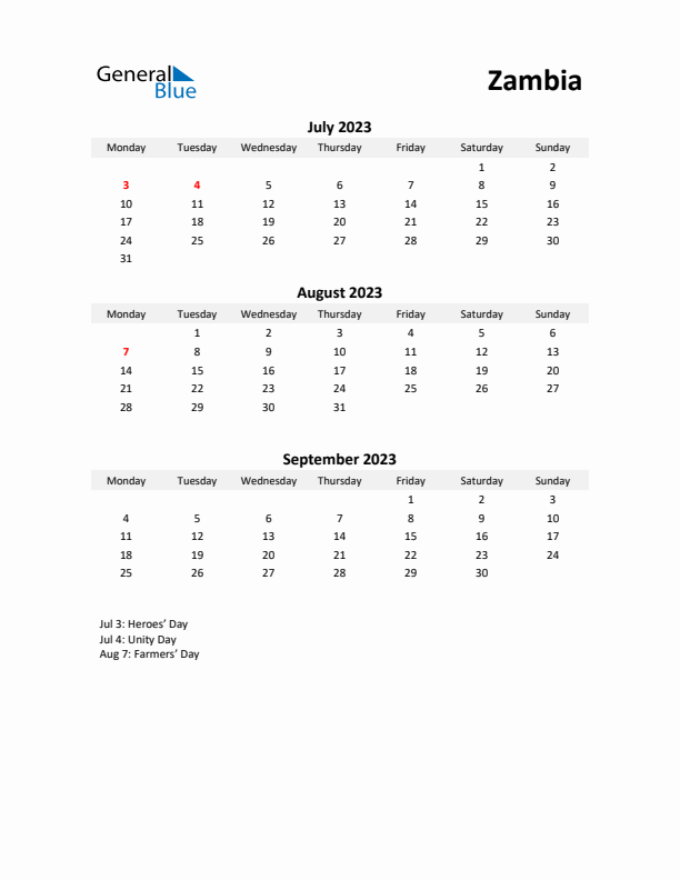 Printable Quarterly Calendar with Notes and Zambia Holidays- Q3 of 2023