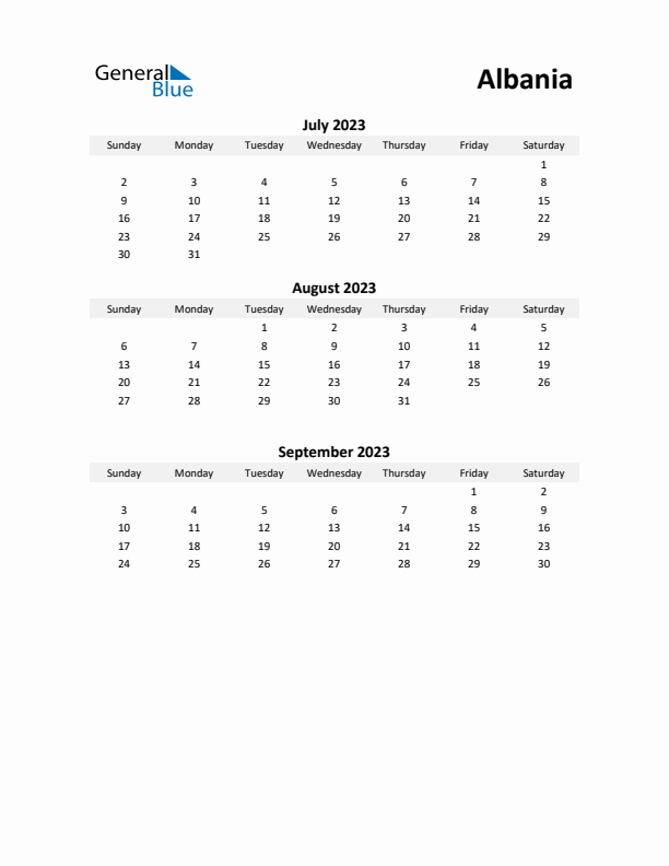 Printable Quarterly Calendar with Notes and Albania Holidays- Q3 of 2023