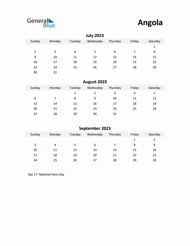 Printable Quarterly Calendar with Notes and Angola Holidays- Q3 of 2023