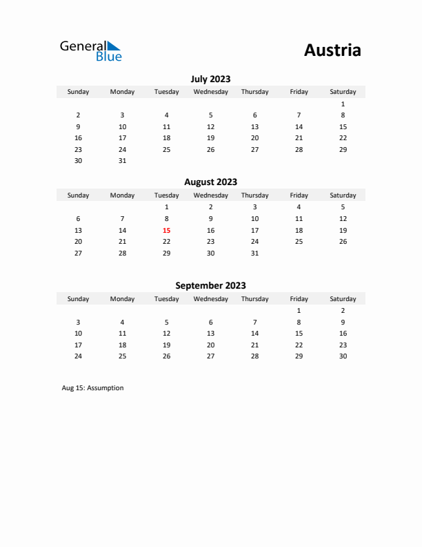 Printable Quarterly Calendar with Notes and Austria Holidays- Q3 of 2023