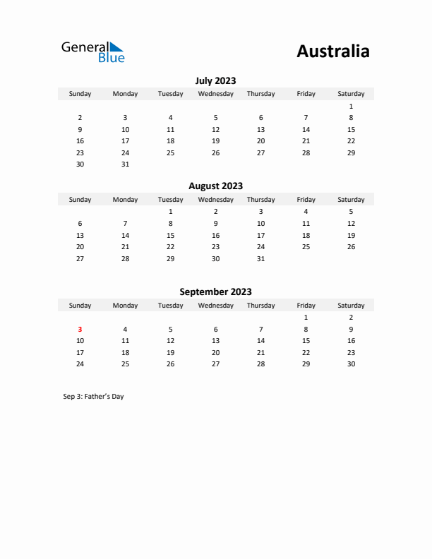 Printable Quarterly Calendar with Notes and Australia Holidays- Q3 of 2023