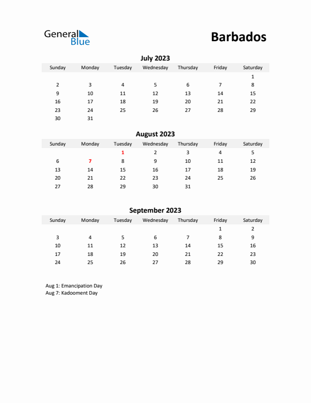 Printable Quarterly Calendar with Notes and Barbados Holidays- Q3 of 2023