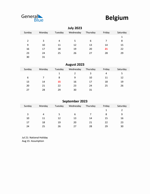 Printable Quarterly Calendar with Notes and Belgium Holidays- Q3 of 2023