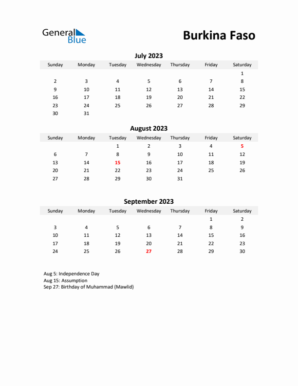 Printable Quarterly Calendar with Notes and Burkina Faso Holidays- Q3 of 2023