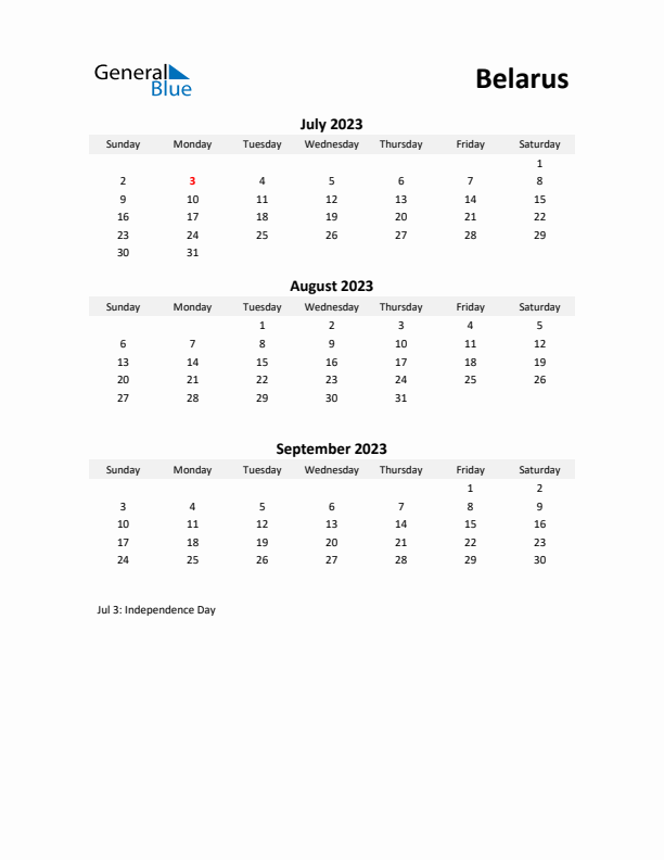 Printable Quarterly Calendar with Notes and Belarus Holidays- Q3 of 2023