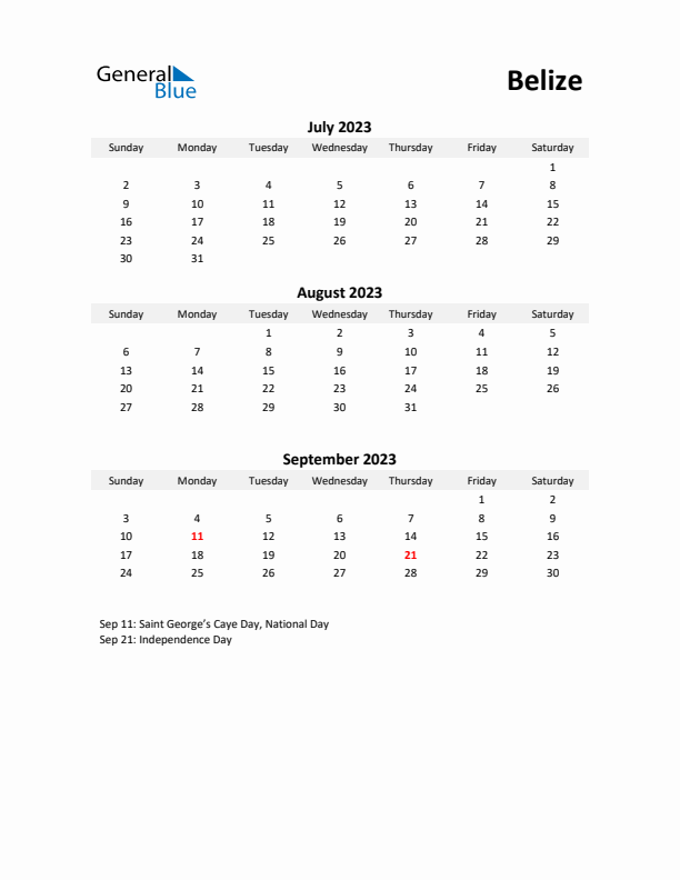 Printable Quarterly Calendar with Notes and Belize Holidays- Q3 of 2023