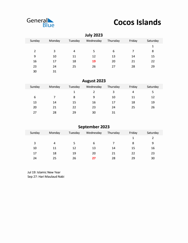 Printable Quarterly Calendar with Notes and Cocos Islands Holidays- Q3 of 2023