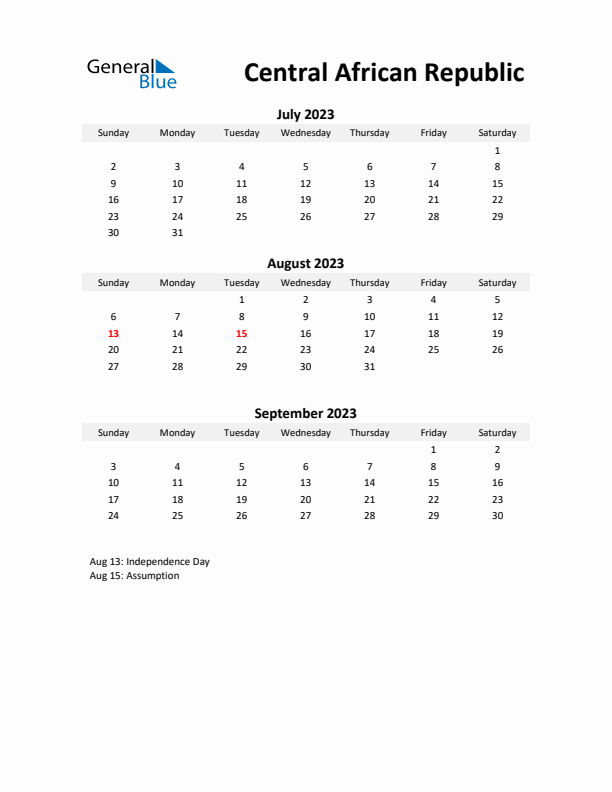 Printable Quarterly Calendar with Notes and Central African Republic Holidays- Q3 of 2023