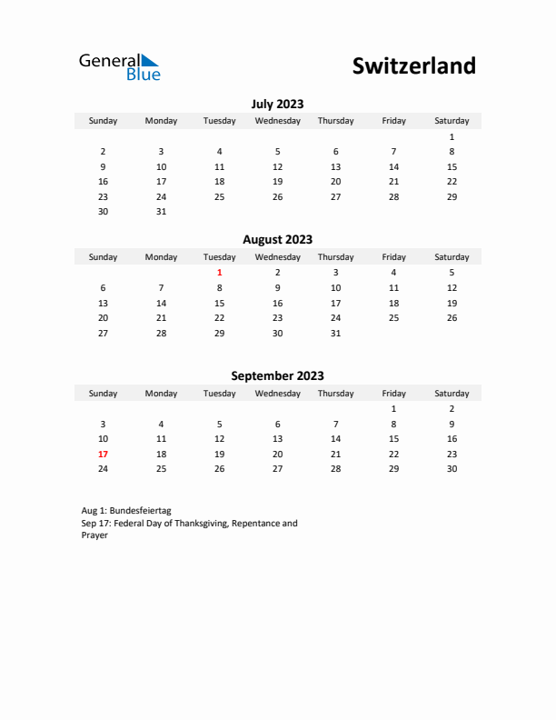 Printable Quarterly Calendar with Notes and Switzerland Holidays- Q3 of 2023