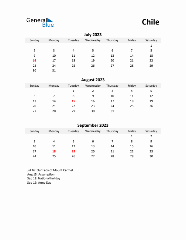 Printable Quarterly Calendar with Notes and Chile Holidays- Q3 of 2023