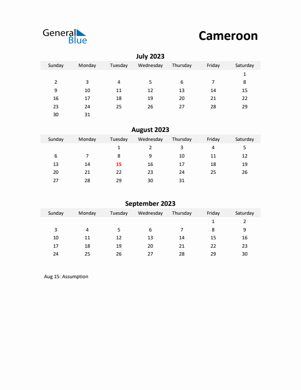 Printable Quarterly Calendar with Notes and Cameroon Holidays- Q3 of 2023