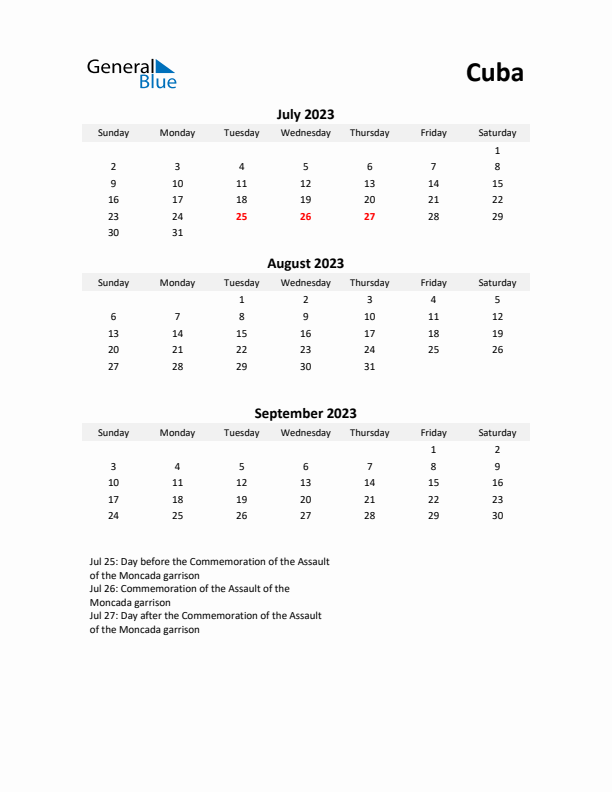 Printable Quarterly Calendar with Notes and Cuba Holidays- Q3 of 2023